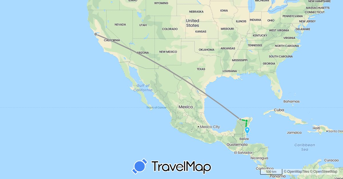 TravelMap itinerary: driving, bus, plane, boat in Belize, Mexico, United States (North America)